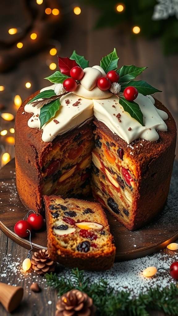 Traditional Christmas Fruit Cake Recipe A traditional Christmas fruit cake decorated with icing and holly, on a wooden table with festive lights.
